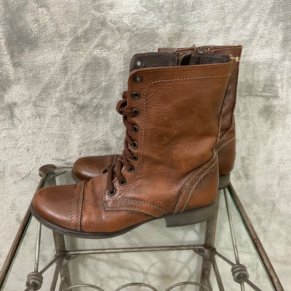 Steve Madden Troopa Zipper Lace Up Leather Combat Boots women’s size US 9 Brown